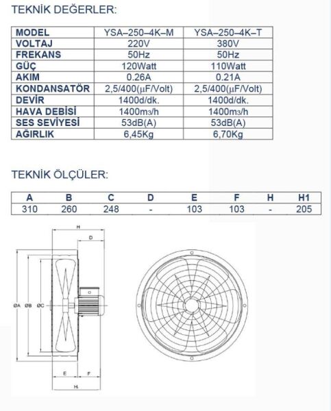 Ayas 25 cm 1400 d/d Sanayi Tipi Aspiratör 220 Volt Monofaze