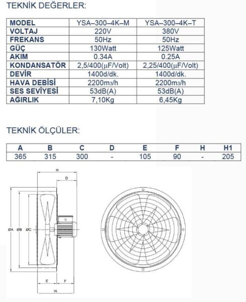Ayas 30 cm 1400 d/d Sanayi Tipi Aspiratör 220 Volt Monofaze