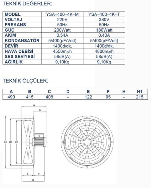 Ayas 40 cm Sanayi Tipi Aspiratör 220 Volt Monofaze