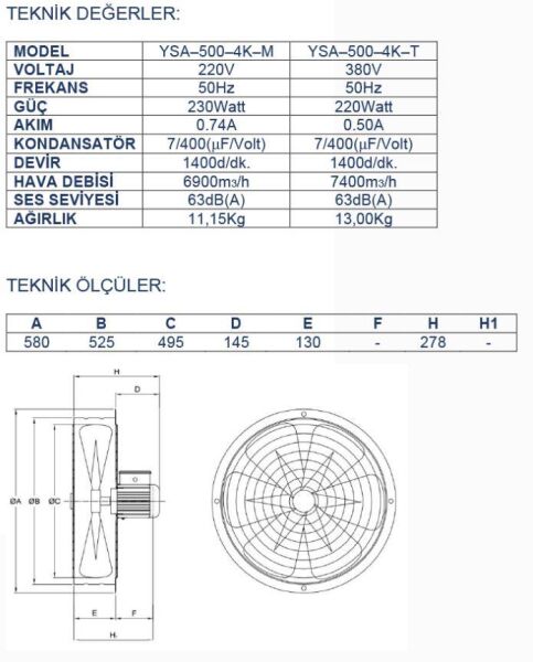 Ayas 50 cm Sanayi Tipi Aspiratör 220 Volt Monofaze