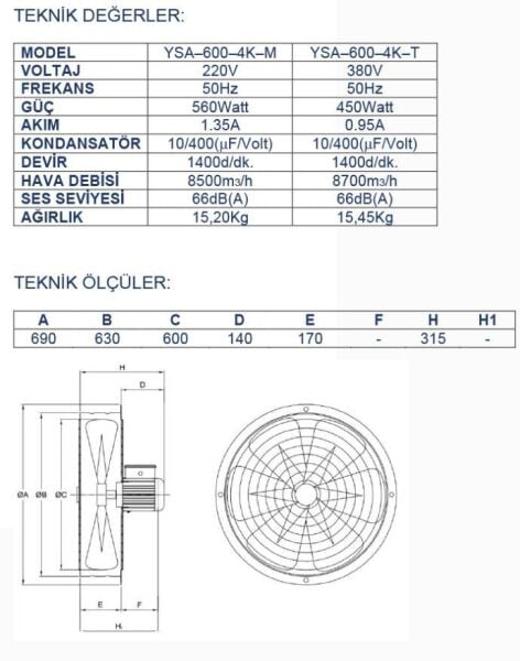 Ayas 60 cm Sanayi Tipi Aspiratör 380 Volt Trifaze