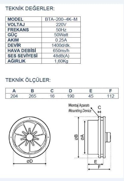 Ayas 20 cm Baca Aspiratörü