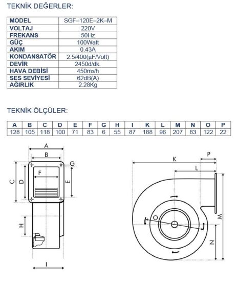 Ayas SGF-120E-2K-M Sac Gövdeli Radyal Salyangoz Fan