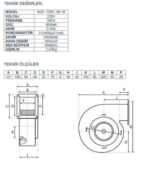 Ayas AGF-120E-2K-M Alüminyum Radyal Salyangoz Fan