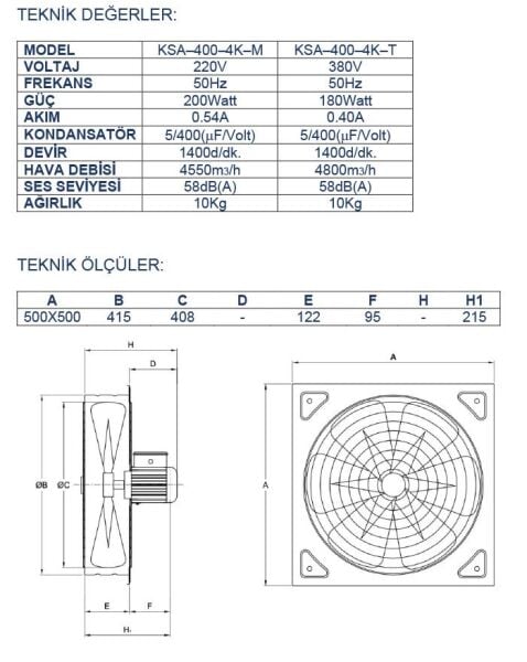 Ayas 40 cm Kare Sanayi Tipi Aspiratör 220 Volt Monofaze
