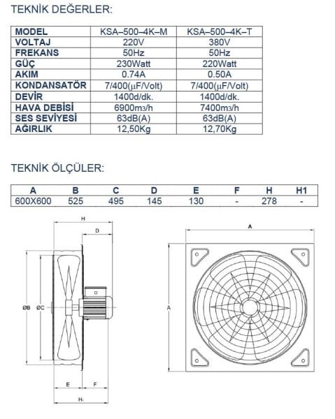 Ayas 50 cm Kare Sanayi Tipi Aspiratör 220 Volt Monofaze
