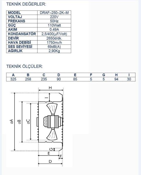 Ayas DRAF-250-2K-M 25 cm Sanayi Tipi Aspiratör