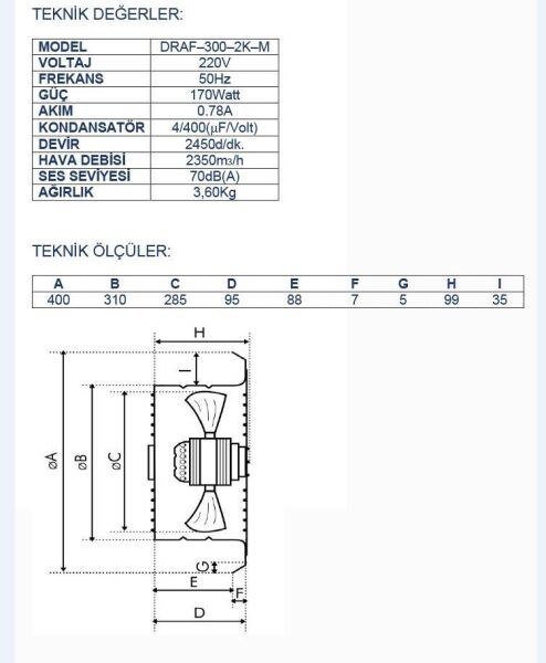 Ayas DRAF-300-2K-M 30 cm Sanayi Tipi Aspiratör