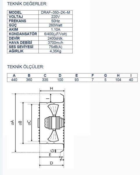 Ayas DRAF-350-2K-M 35 cm Sanayi Tipi Aspiratör