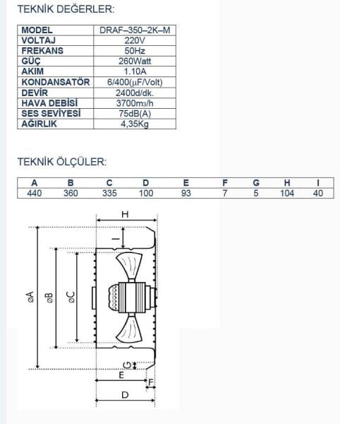 Ayas DRAF-350-2K-M 35 cm Sanayi Tipi Aspiratör