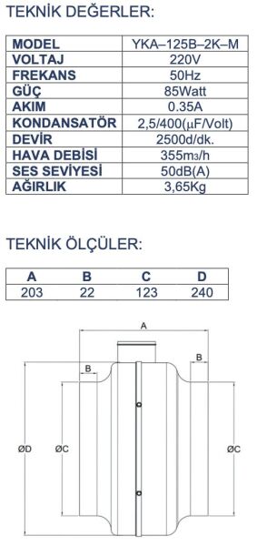 Ayas YKA-125B Yuvarlak Kanal Tipi Fan
