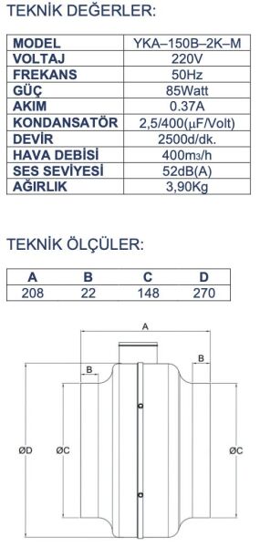 Ayas YKA-150B Yuvarlak Kanal Tipi Fan