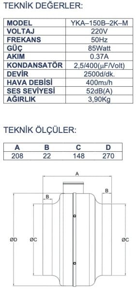 Ayas YKA-150B Yuvarlak Kanal Tipi Fan