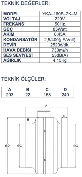 Ayas YKA-160B Yuvarlak Kanal Tipi Fan