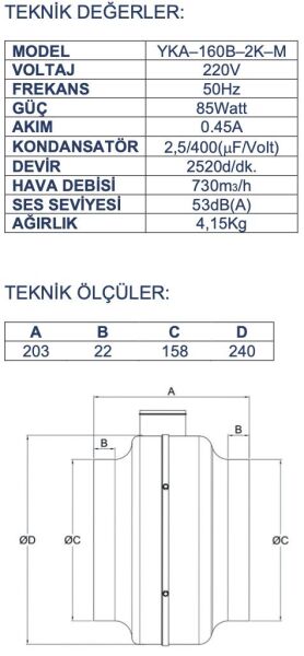 Ayas YKA-160B Yuvarlak Kanal Tipi Fan