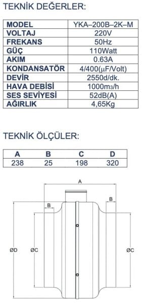 Ayas YKA-200B Yuvarlak Kanal Tipi Fan