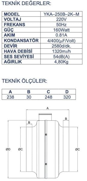 Ayas YKA-250B Yuvarlak Kanal Tipi Fan