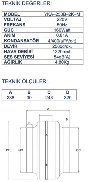 Ayas YKA-250B Yuvarlak Kanal Tipi Fan