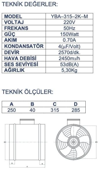 Ayas YBA-315 Yuvarlak Kanal Tipi Aksiyel Fan 2450m3/h