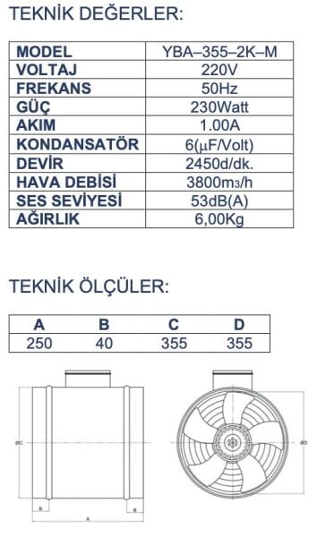 Ayas YBA-355 Yuvarlak Kanal Tipi Aksiyel Fan 3800m3/h