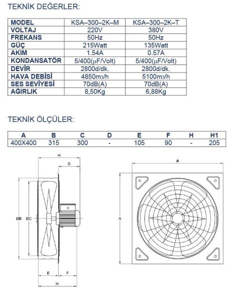 Ayas 30 cm 2800 d/d Kare Sanayi Tipi Aspiratör 220 Volt Monofaze