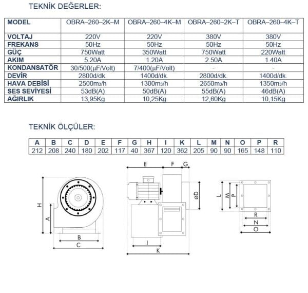 Ayas OBRA-260 Tek Emişli Radyal Salyangoz Fan 1400 d/d 220 Volt Monofaze