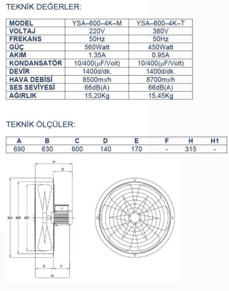 Ayas 60 cm Sanayi Tipi Aspiratör 220 Volt Monofaze