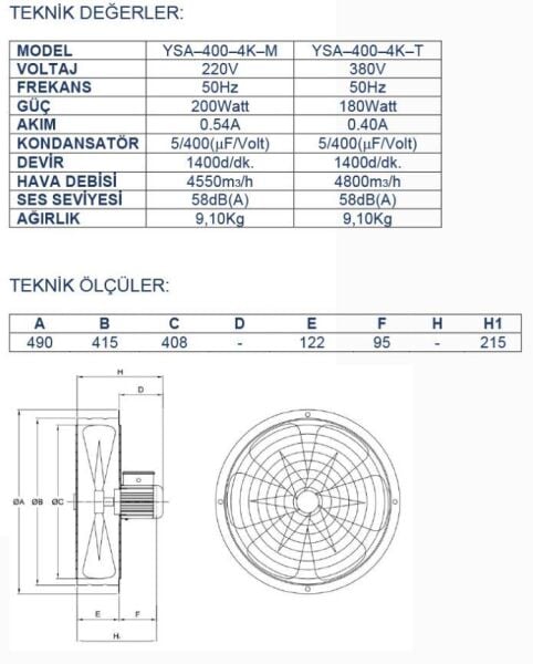 Ayas 40 cm Sanayi Tipi Aspiratör 380 Volt Trifaze