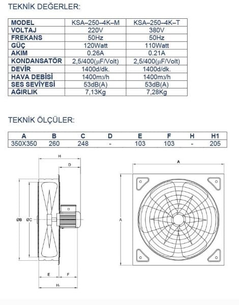Ayas 25 cm Kare Sanayi Tipi Aspiratör 380 Volt Trifaze